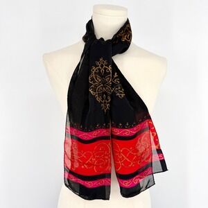 VTG Liz Claiborne Silk Scarf Black Red Gold Baroque Print 10x50 Oblong 90s